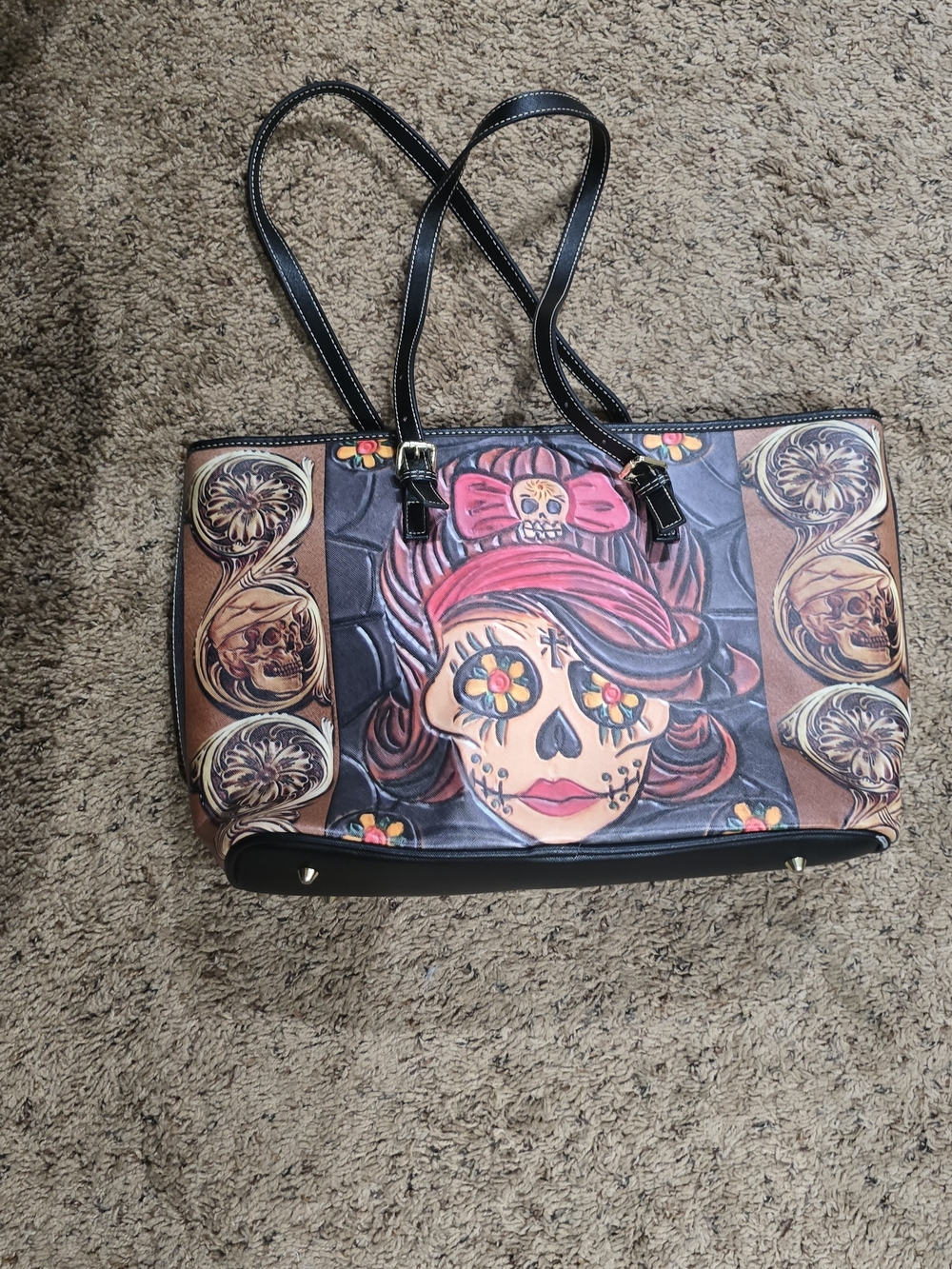 Day of the Dead Skull Tote Bag in Black and Brown
